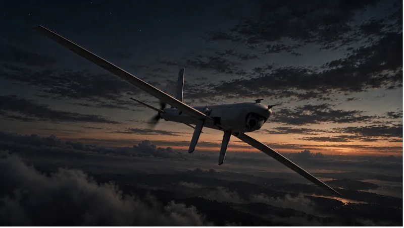 Elbit Systems Drohne mit Heckpropeller und Aufklärungssensor fliegt in der Dämmerung über einer Wolkendecke