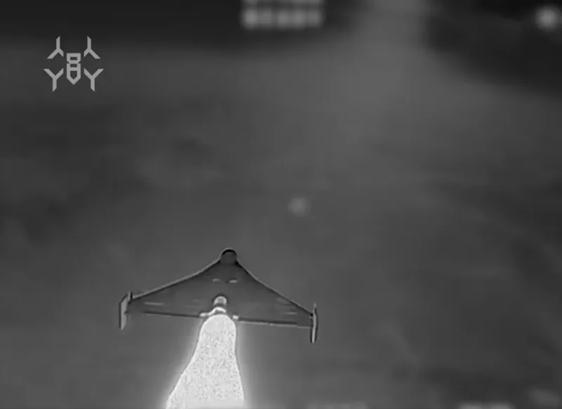 A Geran-4 one-way attack (OWA) unmanned aerial vehicle (UAV) in the process of being intercepted. The success of Ukraine’s first-person view (FPV) interceptors drove Russia to divert industrial capacity toward the production of smaller numbers of faster, jet-powered models which are more difficult to intercept with FPVs interceptors.