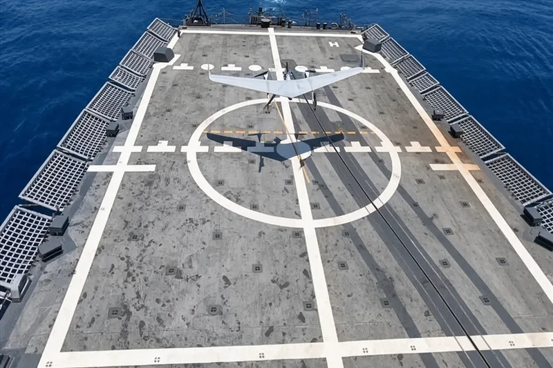 The Bayraktar Kalkan VTOL UAV taking off from the flight deck of TCG Gelibolu during recent Turkish Naval Forces operations in the Indian Ocean.