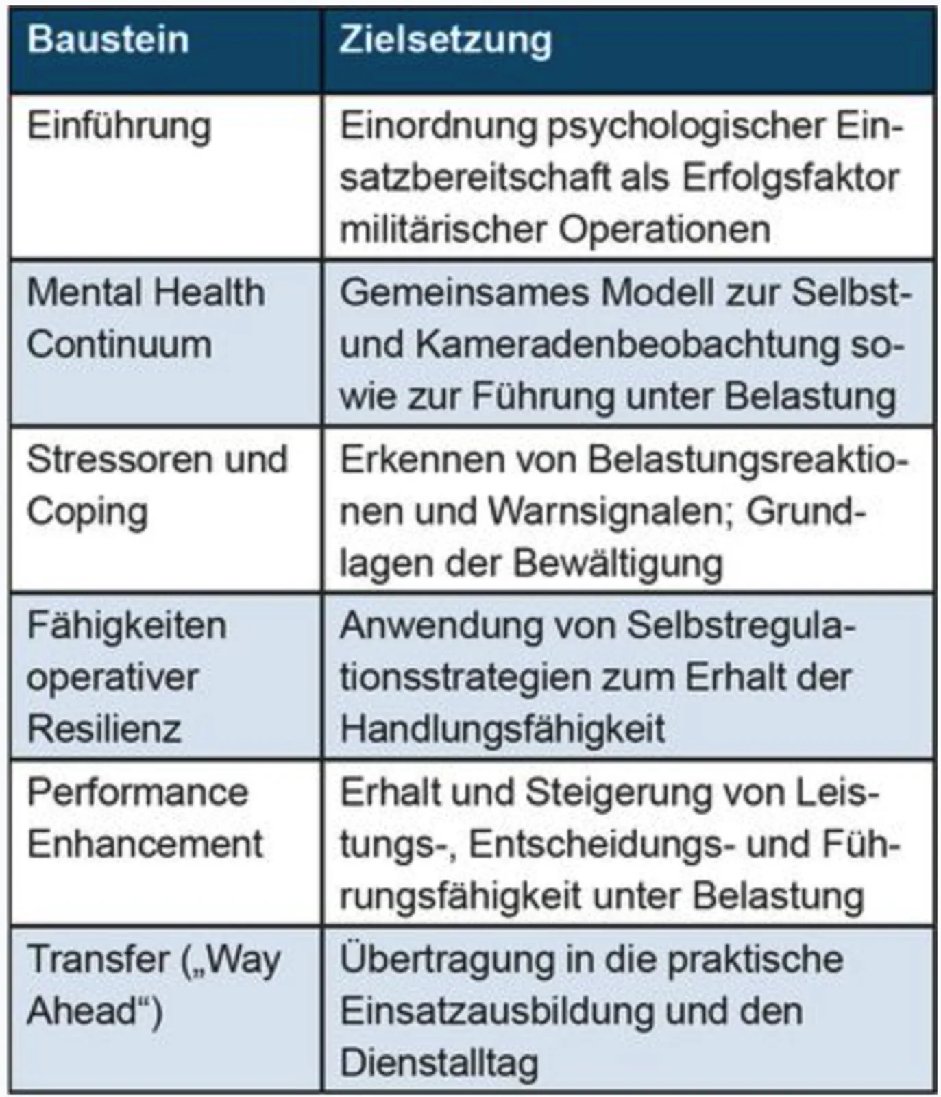 Tabellarische Übersicht eines Bundeswehr-Schulungskonzepts zur psychologischen Einsatzbereitschaft und Resilienz von Soldaten