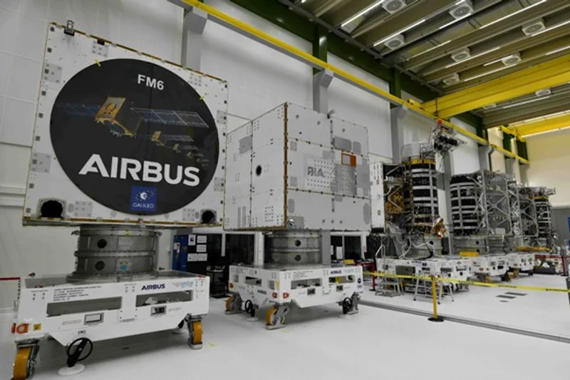 Galileo-Navigationssatelliten und Airbus-Module auf Transportvorrichtungen in einer Reinraumhalle während der Montage