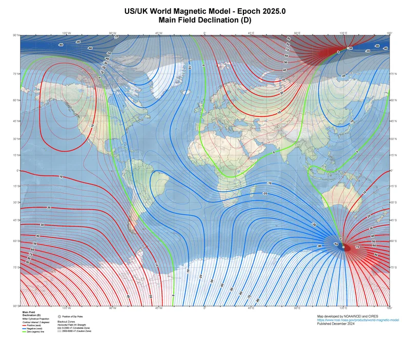 An example magnetic field map published in December 2024, generated by NOAA/NCEI and CIRES. Maps such as these show the sum of all magnetic fields, which include the main magnetic field generated by the core, the crustal field generated in the crust and mantle, and the disturbance field from electrical currents flowing in the upper atmosphere and magnetosphere.