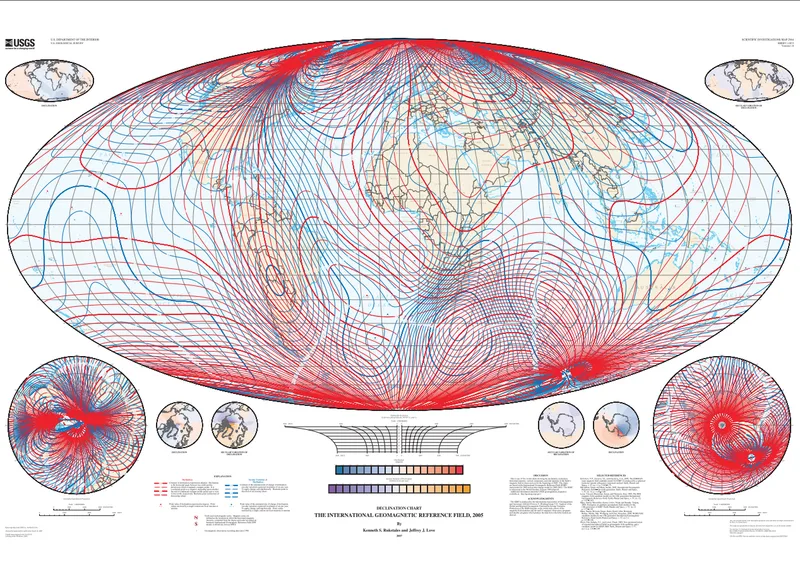 A USGS magnetic field map of the Earth in 2005.