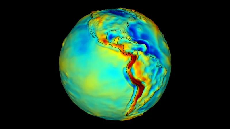 A false-colour gravimetric map of Earth, showing localised changes in the force of gravity. Warm colours (red, orange, yellow) represent areas with strong gravity. Cool colours (green, blue) represent areas with weak gravity. As the map shows, Mountain ranges have a high concentration of mass, and therefore have a stronger gravity field, while ocean trenches, have a low concentration of mass, and therefore have a weaker gravity field.