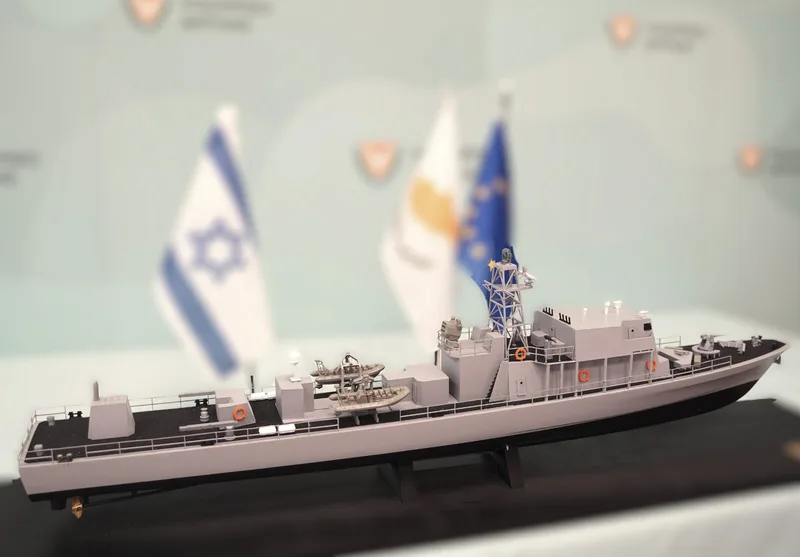 A model of the new Cypriot OPV, which will be built by Israel Shipyard and based on the Israeli Sa’ar 4.5 fast attack craft – missile.