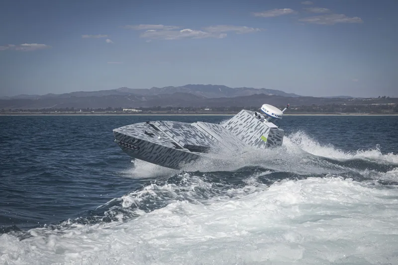 A Sea Panther USV manoeuvres across the water during exercise Maritime Big Play (MBP) - Pacific at Marine Corps Base Camp Pendleton, California, on 6 October 2026. Exercises at MBP-Pacific supported the AUKUS effort by testing how Australian, UK and US crewed and uncrewed systems can operate together across four strands: anti-submarine warfare, lethality, contested resupply, and subsea and seabed warfare.