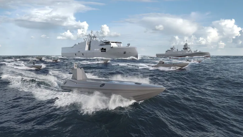 Rheinmetall-Computergrafik einer hybriden Marineflotte mit unbemannten Überwasserfahrzeugen sowie Schiffen der Typen NTV 130 und GMF 120