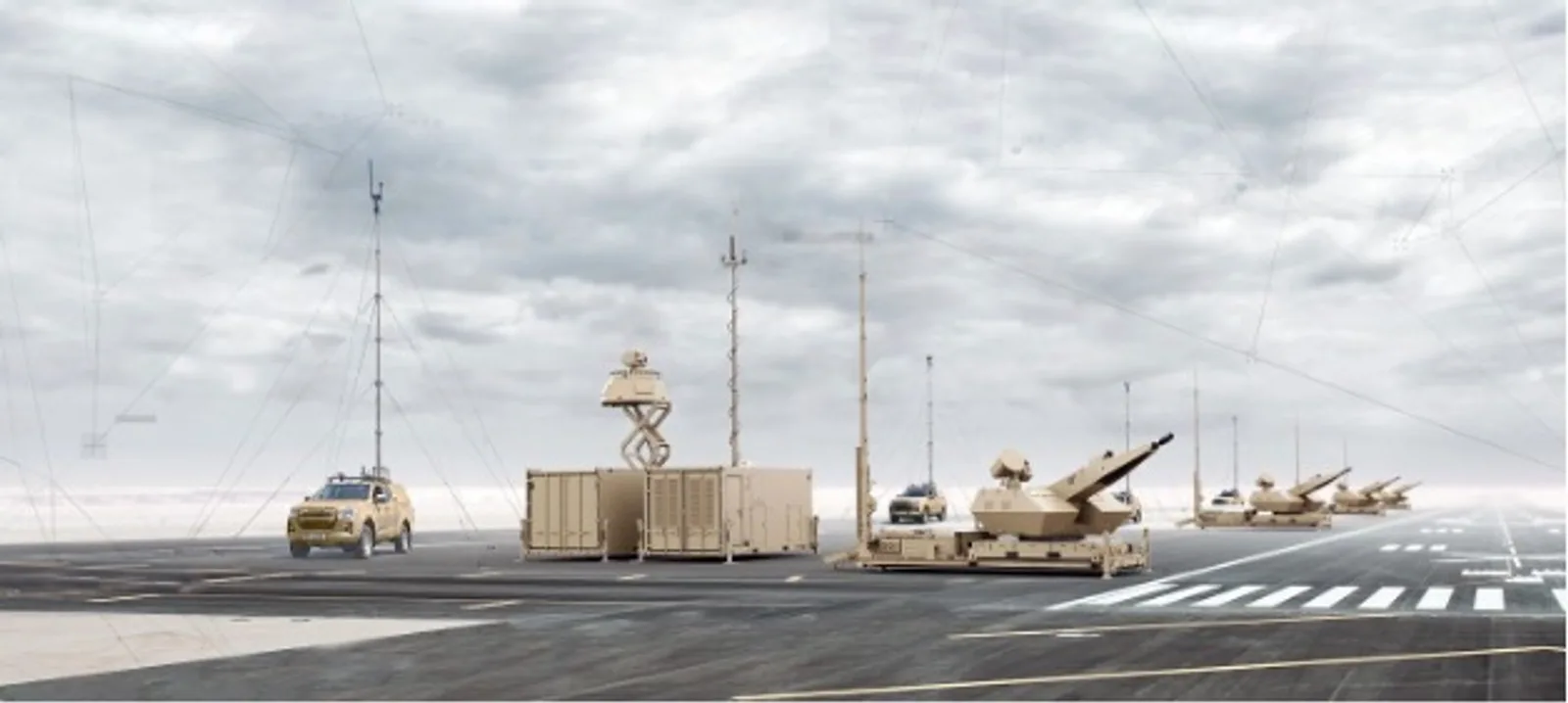 Rheinmetall Konzeptgrafik des Rheinmetall Skynex Flugabwehrsystems mit Oerlikon-Revolvergeschützen, Führungscontainern und vernetzten Geländewagen
